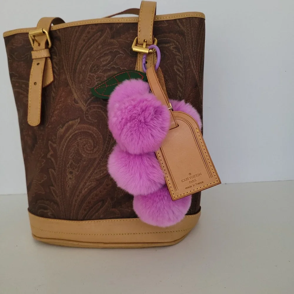 Louis Vuitton Vachetta Leather Luggage Tag & Purple Faux Fur Pom Pom Charm Set